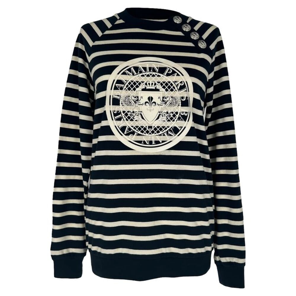 Balmain Stripes Logo Longsleeve Top in Black Cotton